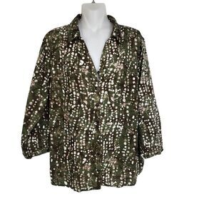 Serengeti Womens Blouse Sz XL Green 3/4 Sleeve Button Collared 100% Cotton Print
